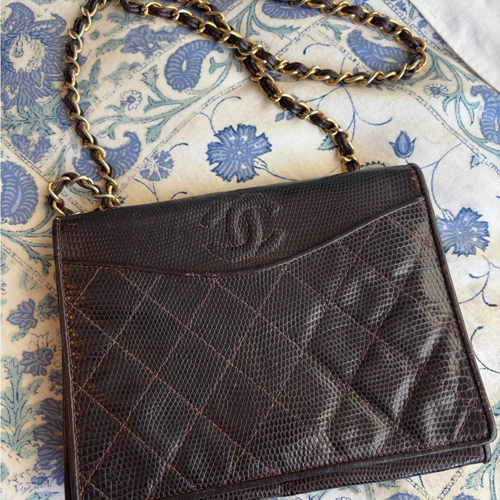 Chanel Brown Exotic Leather Chain Bag 24k Gold Plate CC COCO